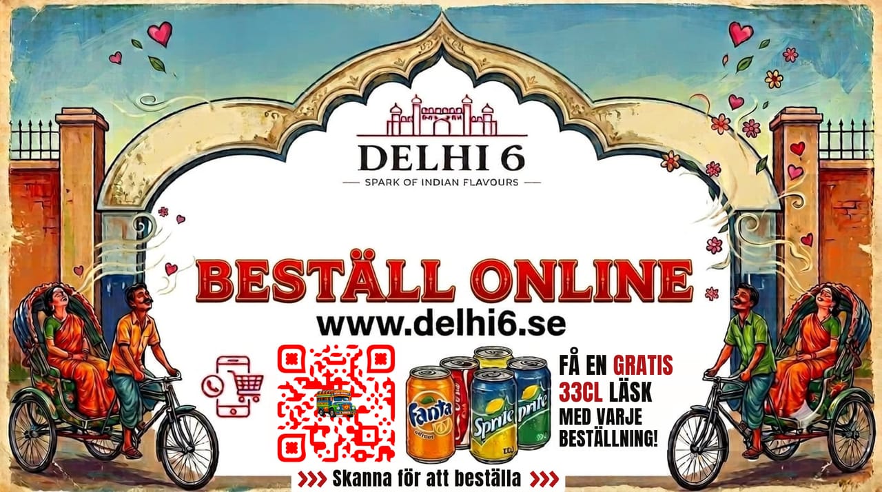 Order online at delhi6.se and get a free 33 cl soft drink with every order. Scan the QR code to order.